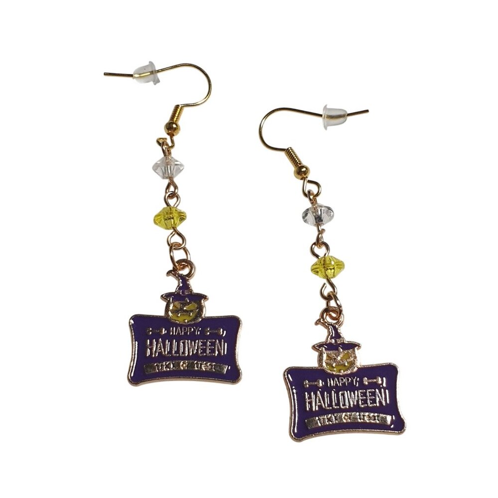 Happy Halloween Handmade Earrings Crystal Beads Pumpkin Witch Purple Yellow Gold